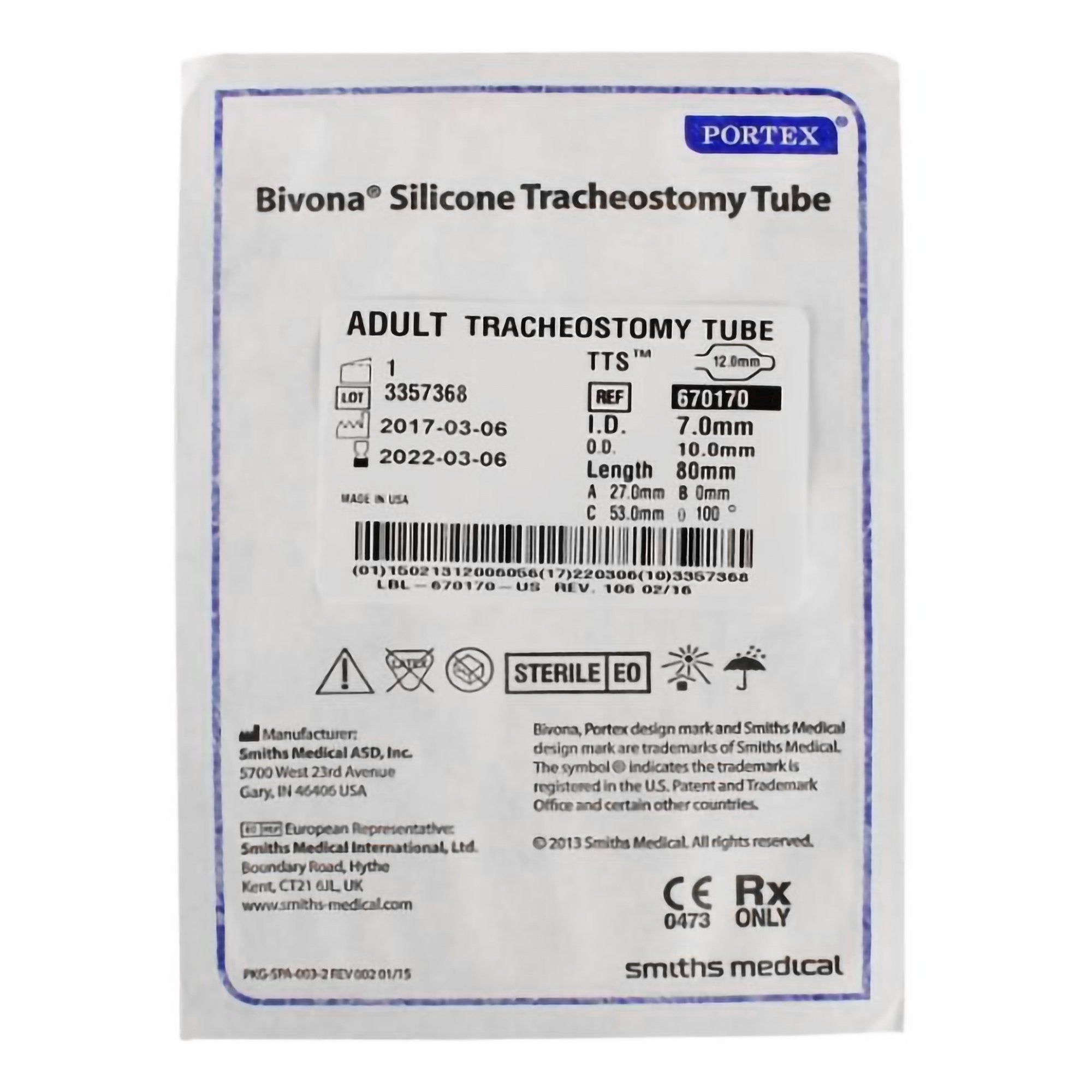 450021 - Bivona - Bivona TTS Cuffed Tracheostomy Tube Disposable IC Size 7.0 Adult, 670170, Pack of 1, (EA)