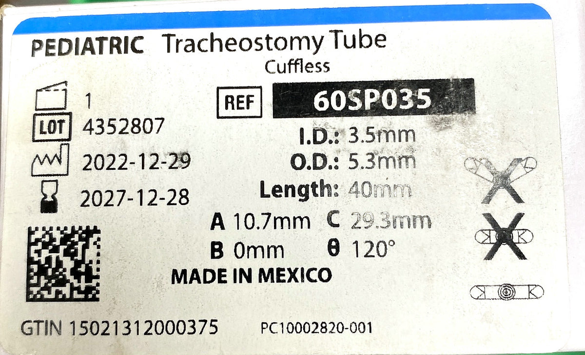 60SP035 - SMITHS MEDICAL - Bivona Uncuffed Trach Tubes - Trach Tube, Pediatric, Uncuffed, 3.5 mm, (BX/1)