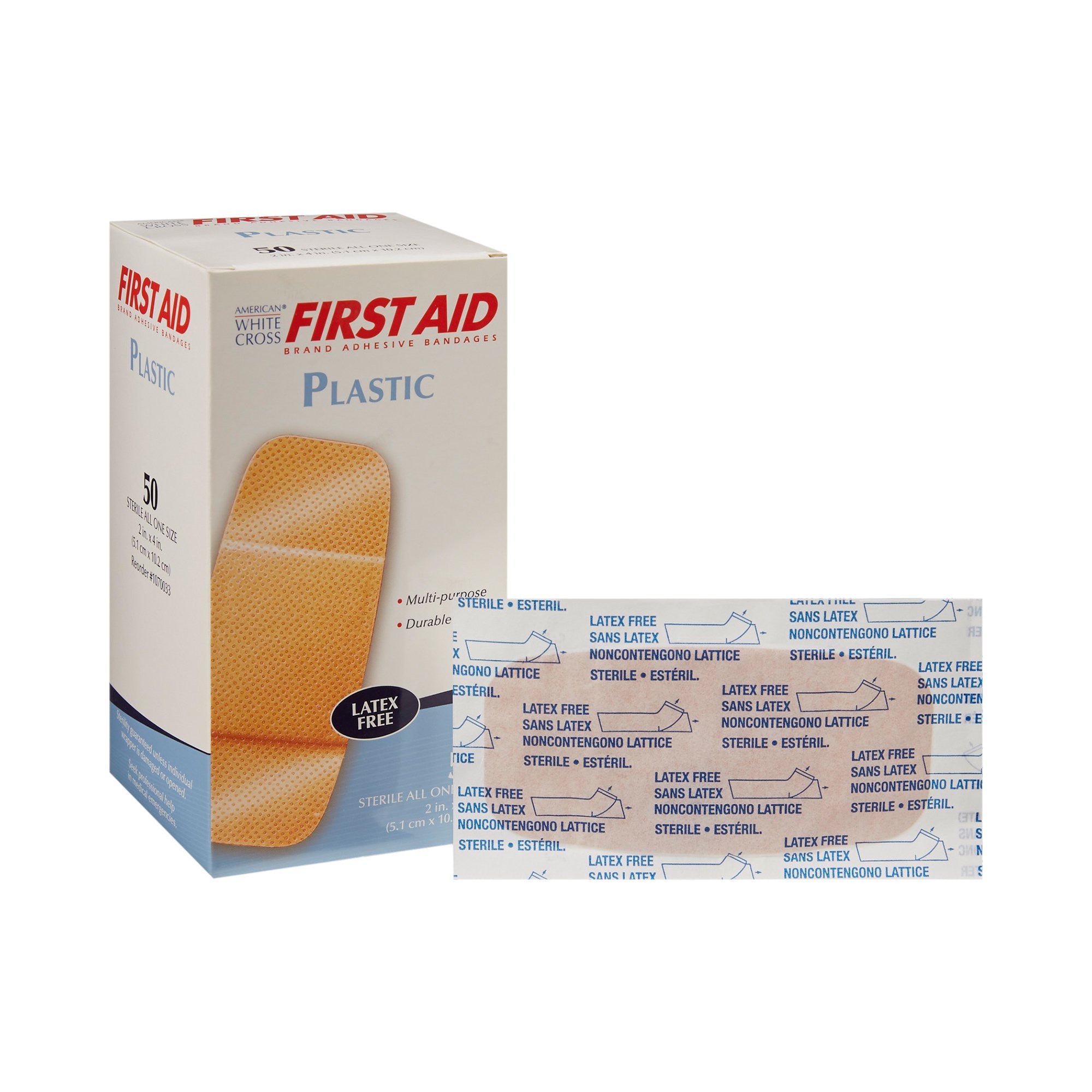 127038 - American White Cross - American White Cross First Aid Adhesive Strip Plastic Tan 2 X 4 Inch Sterile, 1070033, Box of 50, (BX)