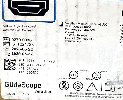 0270-0938 - VERATHON MEDICAL - GlideScope® Spectrum™ LoPro S3, (BX/10)