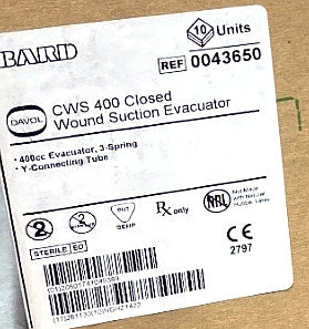 43650 - BARD - CWS 400 Closed Wound Suction Kit, 400cc Evauactor, 3-spring, Y-Connecting Tube, (BX/10)