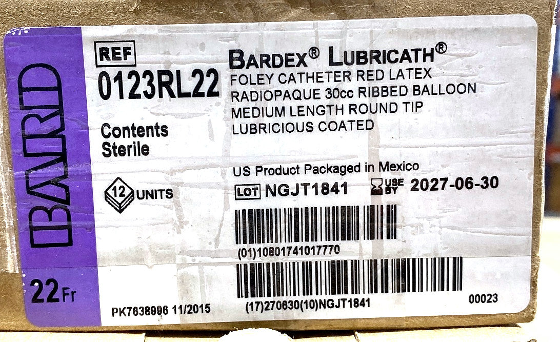 0123RL22 - BARD - Bardex® Lubricath® Foley Catheter Red Latex Radiopaque 30cc Balloon Medium Length Round Tip Lubricious Coated, (BX/12)