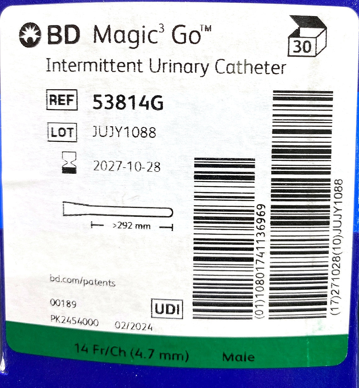 53814G - BARD - Magic3 Go 14 Fr Male Catheter with SureGrip, (BX/30)