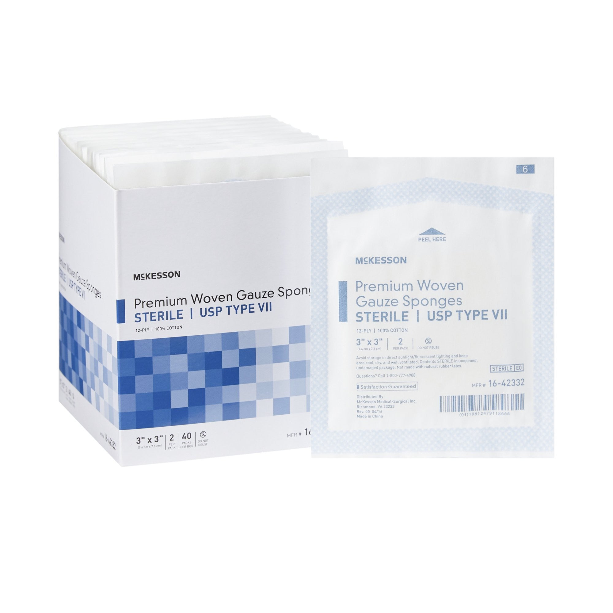 447084 - McKesson - McKesson Gauze Sponge 3 X 3 in 12-Ply Sterile , 16-42332, Box of 40, (BX)