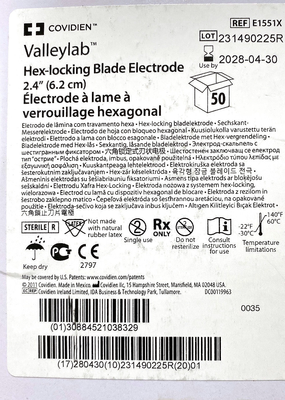 E1551X - COVIDIEN - Hex-locking Blade Electrode, (BX/50)