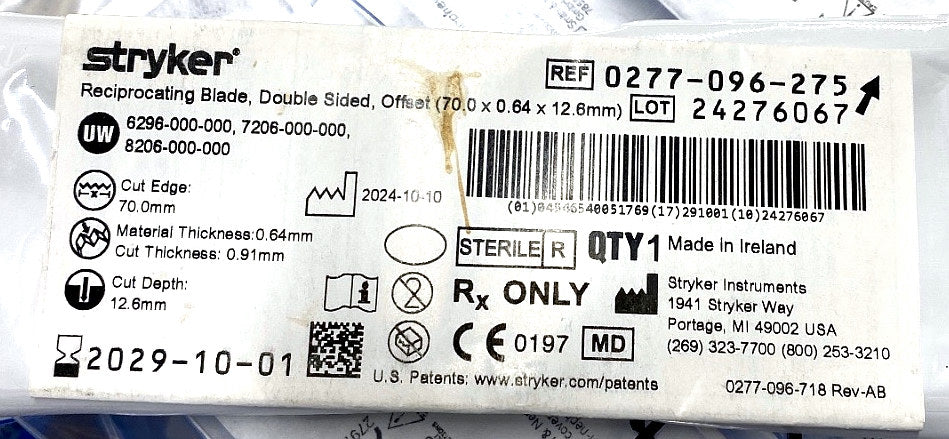 0277-096-275 - STRYKER - Reciprocating Blade, Double Sided, Offset (70.0 x 0.64 x 12.6mm), (EA/1)