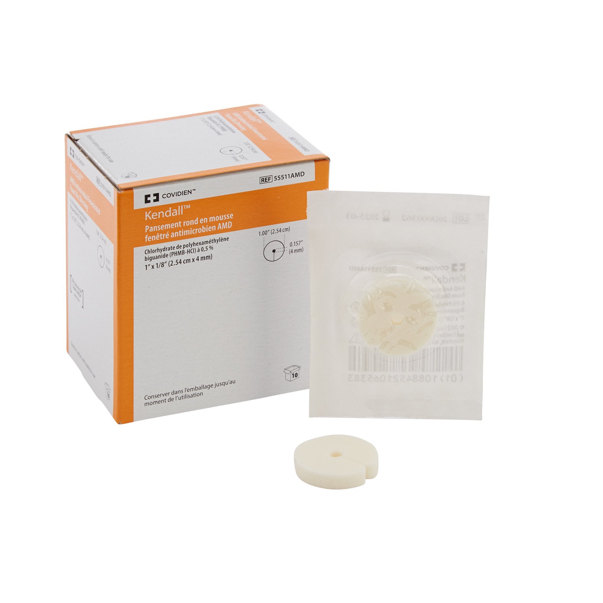 713619 - Kendall - Kendall AMD PHMB Impregnated Foam Disc Foam 1 Inch Diameter / 4 mm Hole Sterile, 55511AMD, Pack of 1, (EA)