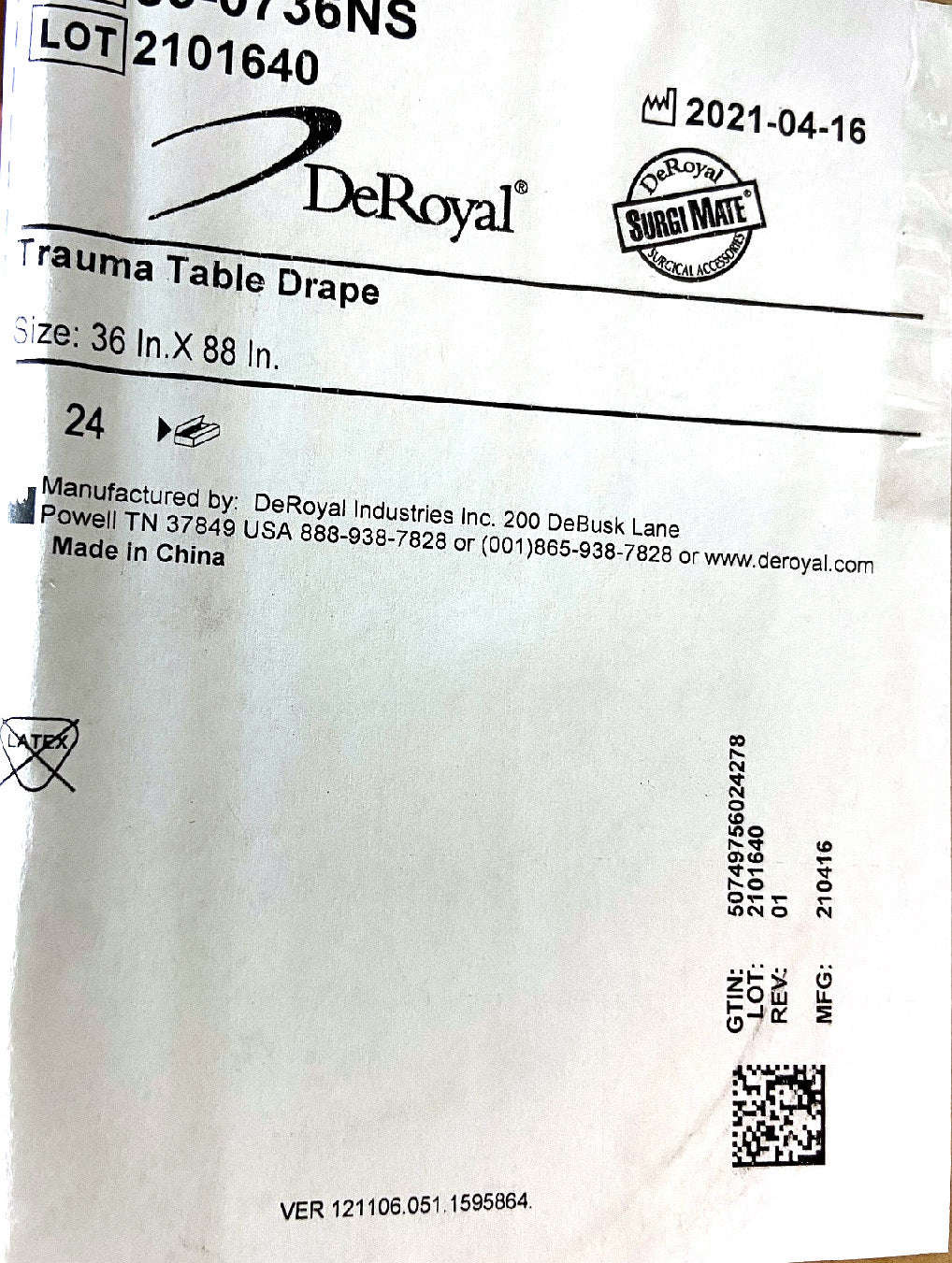 59-0736NS - DEROYAL - Trauma Table Drape, (BX/24)