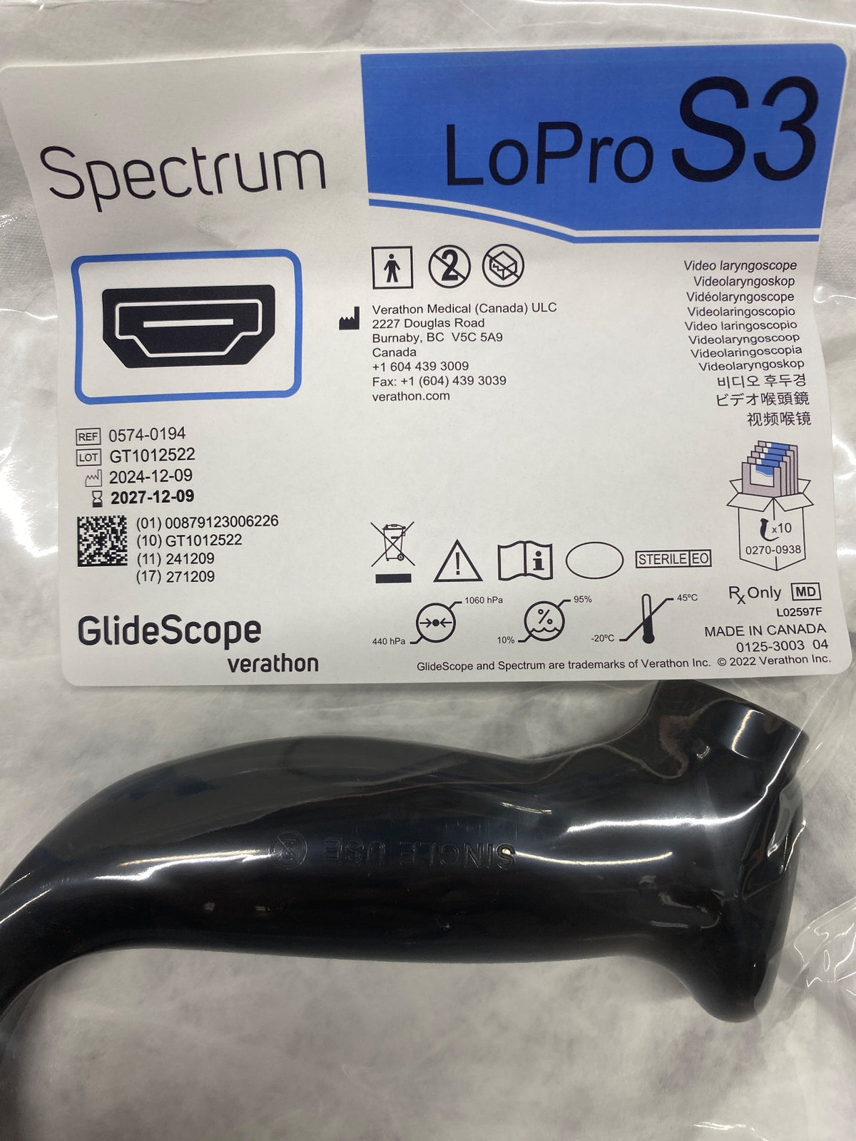 0574-0194 - VERATHON MEDICAL - GlideScope Spectrum LoPro S3 Video Laryngoscope, 11 mm Height at the Handle, 11 mm Height at the Camera, (BX/10)