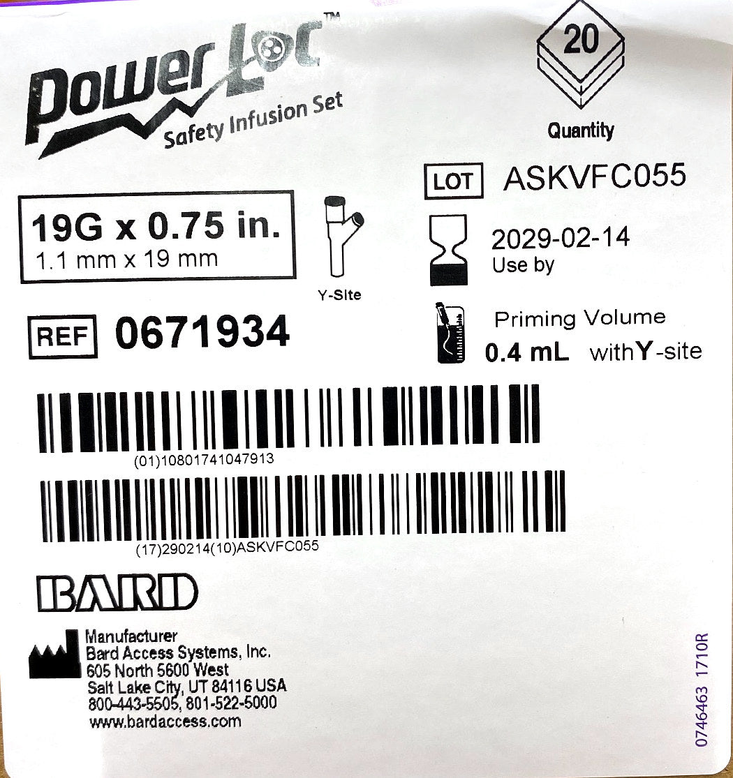 0671934 - BARD - PowerLoc 19G x 0.75 inch with y-site, (BX/20)