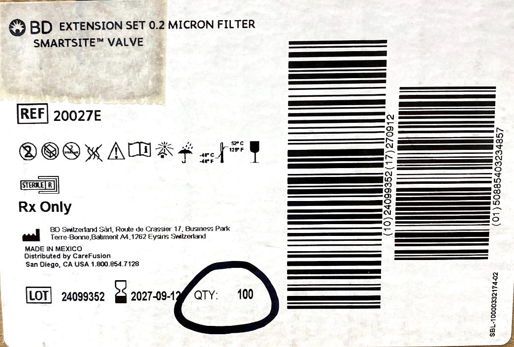 20027E - BD - Extension Set 0.2 Micron Low Protein Binding Filter Needle-Free Valve, (BX/100)