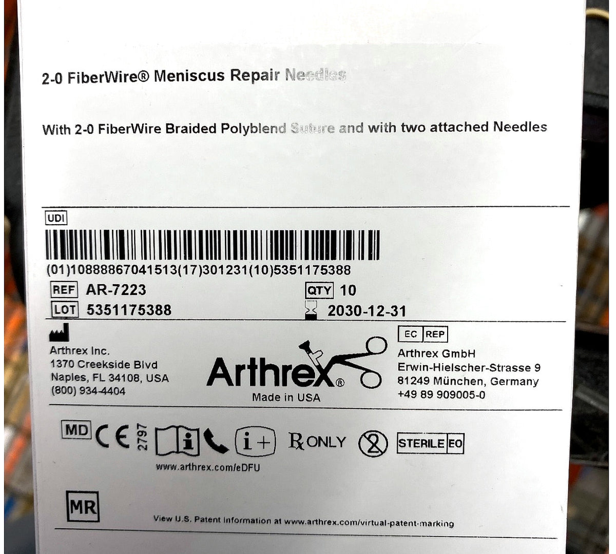 AR-7223 - ARTHREX - 2-0 FIBERWIRE MENISCUS REPAIR NEEDLES, (BX/10)