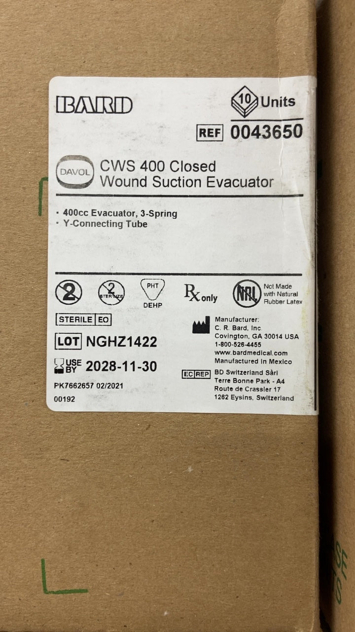 43650 - BARD - CWS 400 Closed Wound Suction Evacuator, 400 cc Evacuator, 3-Spring, Y-Connecting Tube, (CS/10)