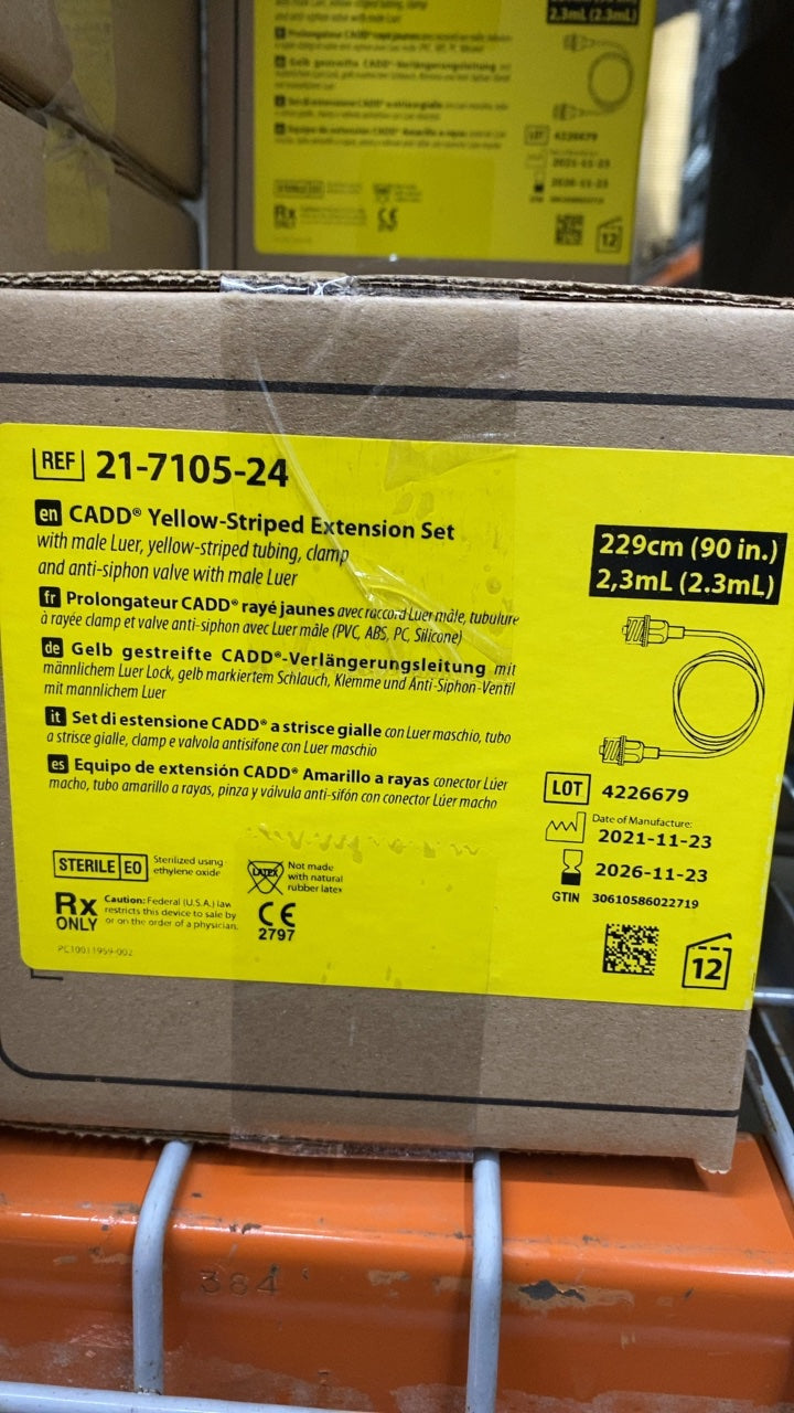 21-7105-24 - SMITHS MEDICAL - CADD® Yellow-Striped Extension Set with male Luer, yellow-striped tubing, clamp and anti-siphon valve with male Luer, (BX/12)