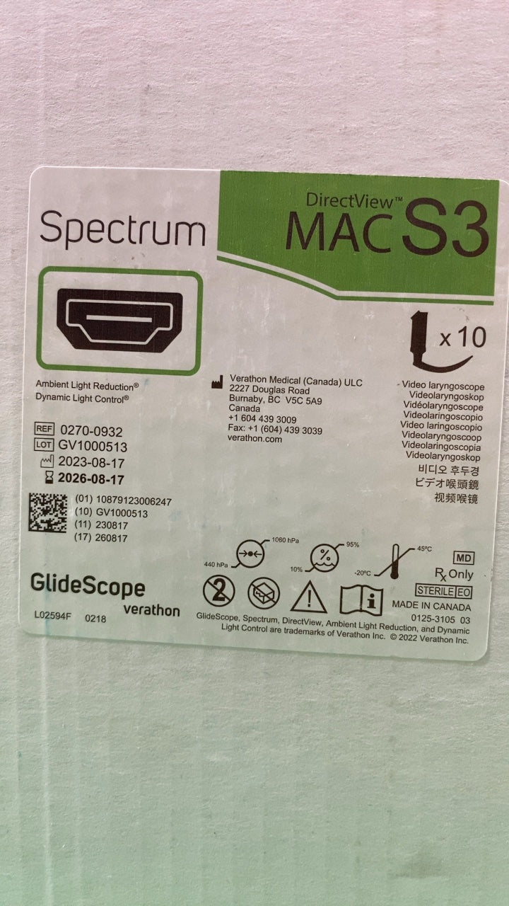 0270-0932 - VERATHON MEDICAL - GlideScope Spectrum DirectView MAC S3 Video Laryngoscope, (BX/10)