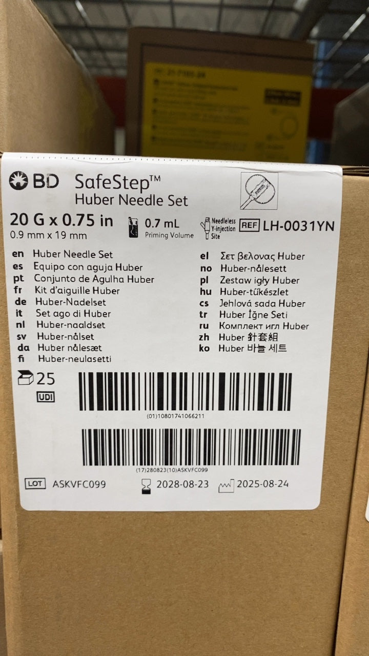 LH-0031YN - BD - BD SafeStep Huber Needle Set 20 G x 0.75 in, (BX/25)