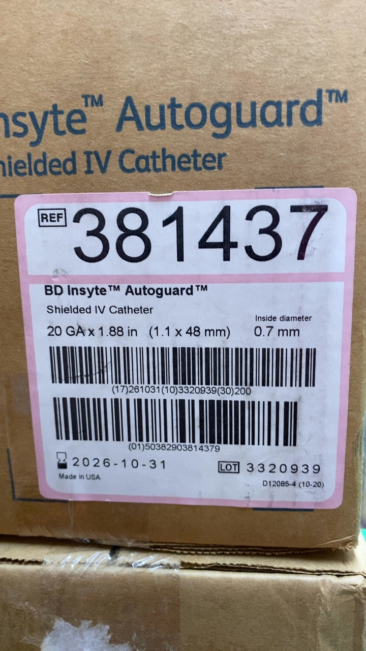 381437 - BD - BD Insyte Autoguard Shielded IV Catheter 20 GA x 1.88 in (1.1 x 48 mm), (CS/50)