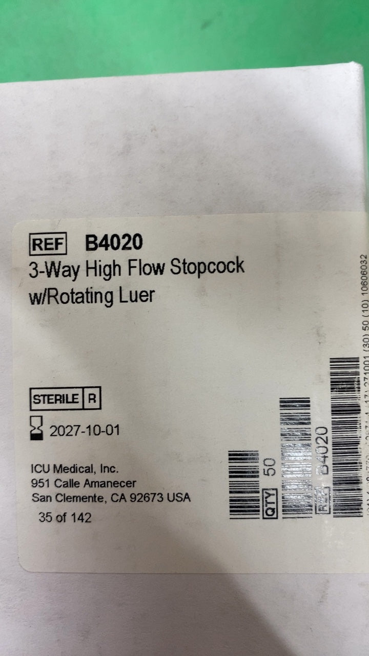 B4020 - ICU MEDICAL - 3-Way High Flow Stopcock w/Rotating Luer, (BX/50)